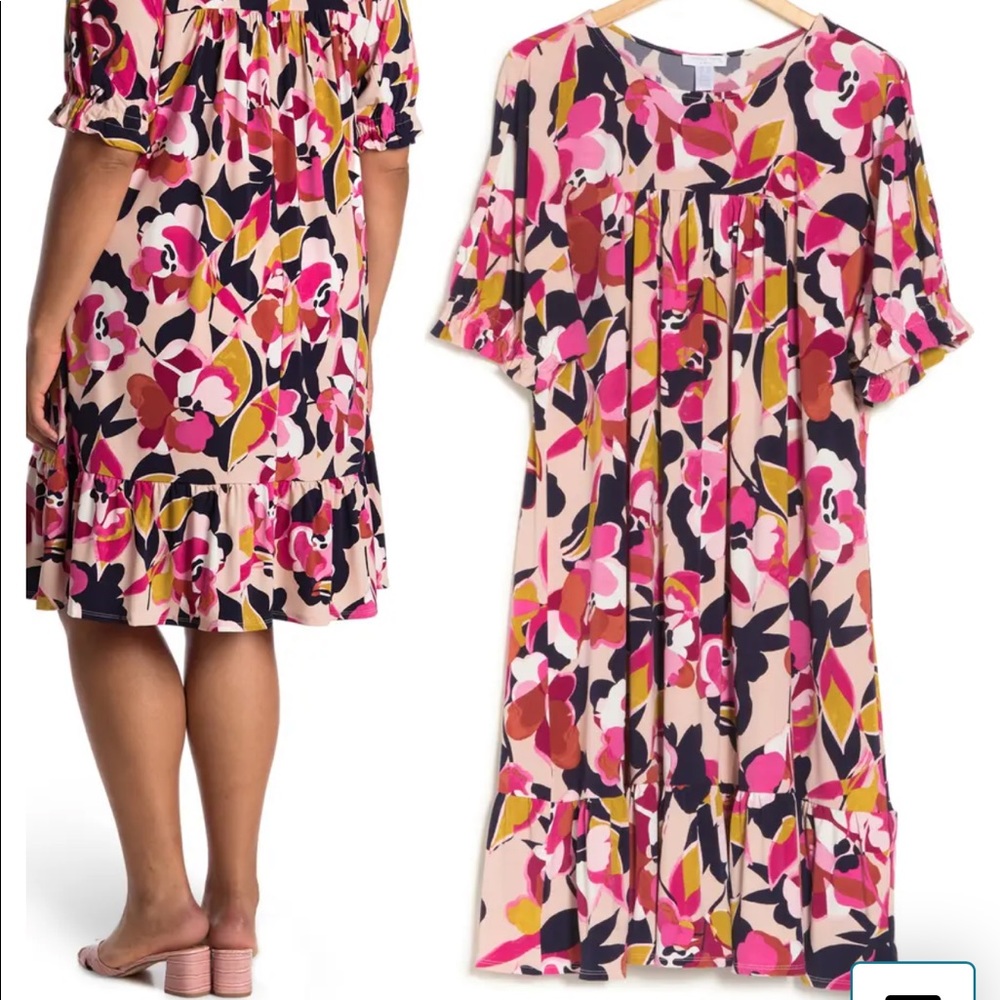 London Times Floral Short Sleeve Flounce Hem Dress